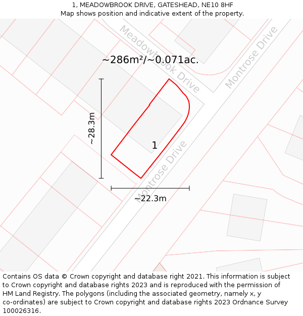 1, MEADOWBROOK DRIVE, GATESHEAD, NE10 8HF: Plot and title map