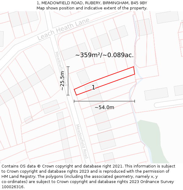 1, MEADOWFIELD ROAD, RUBERY, BIRMINGHAM, B45 9BY: Plot and title map