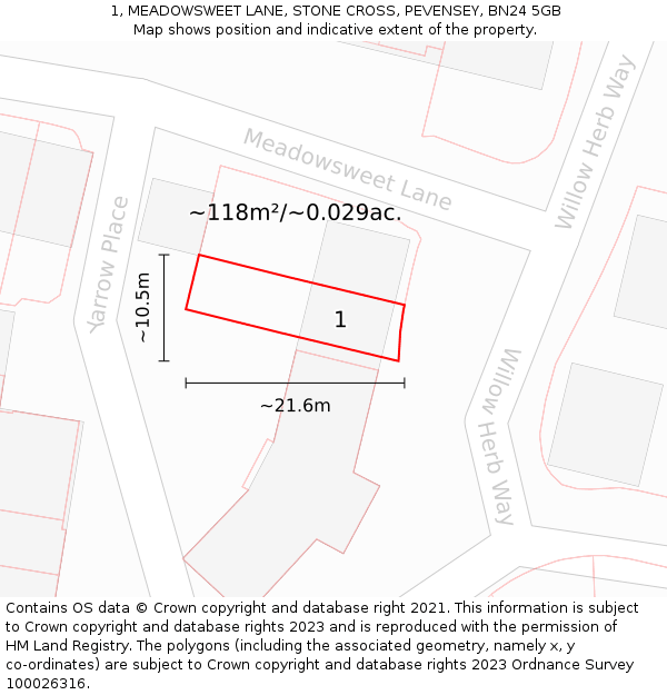 1, MEADOWSWEET LANE, STONE CROSS, PEVENSEY, BN24 5GB: Plot and title map