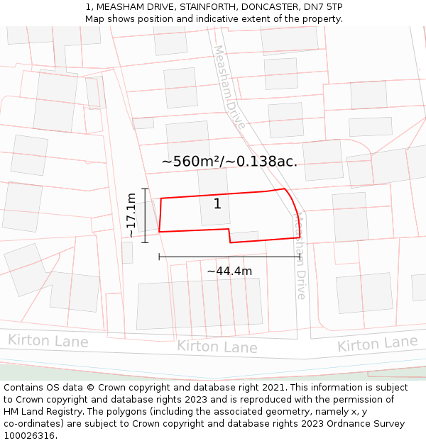 1, MEASHAM DRIVE, STAINFORTH, DONCASTER, DN7 5TP: Plot and title map