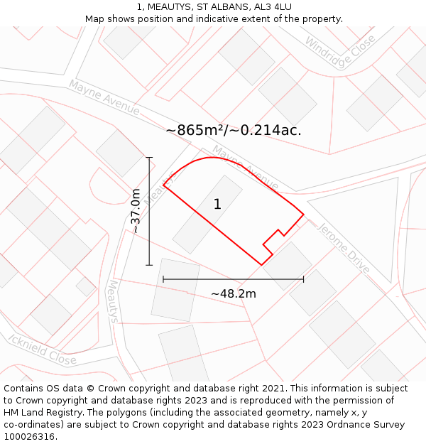 1, MEAUTYS, ST ALBANS, AL3 4LU: Plot and title map