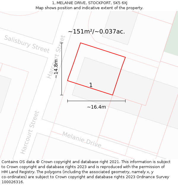 1, MELANIE DRIVE, STOCKPORT, SK5 6XJ: Plot and title map