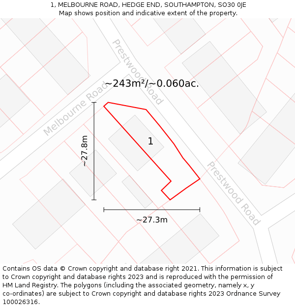 1, MELBOURNE ROAD, HEDGE END, SOUTHAMPTON, SO30 0JE: Plot and title map