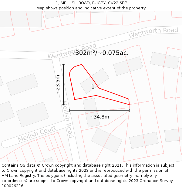 1, MELLISH ROAD, RUGBY, CV22 6BB: Plot and title map