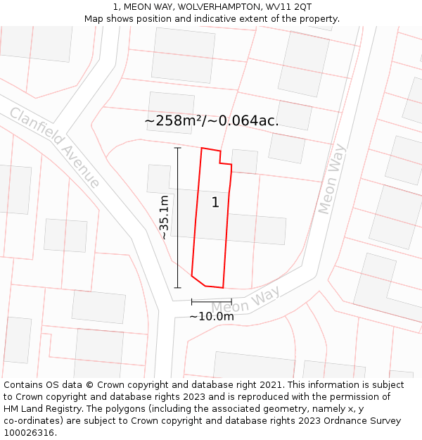 1, MEON WAY, WOLVERHAMPTON, WV11 2QT: Plot and title map
