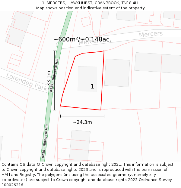 1, MERCERS, HAWKHURST, CRANBROOK, TN18 4LH: Plot and title map