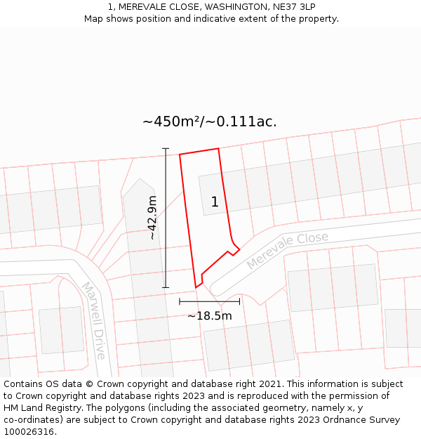 1, MEREVALE CLOSE, WASHINGTON, NE37 3LP: Plot and title map