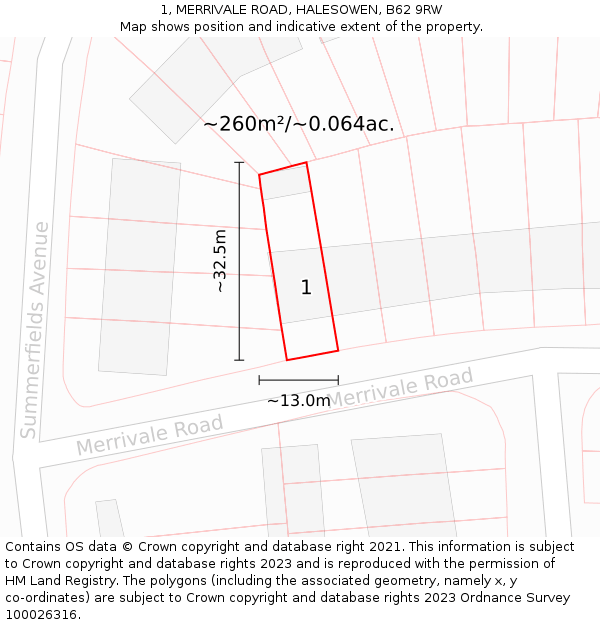 1, MERRIVALE ROAD, HALESOWEN, B62 9RW: Plot and title map