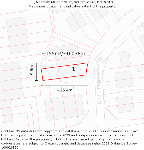 1, MERRYWEATHER COURT, SCUNTHORPE, DN16 3TG: Plot and title map