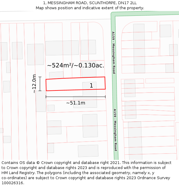 1, MESSINGHAM ROAD, SCUNTHORPE, DN17 2LL: Plot and title map