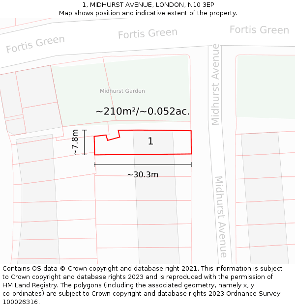 1, MIDHURST AVENUE, LONDON, N10 3EP: Plot and title map