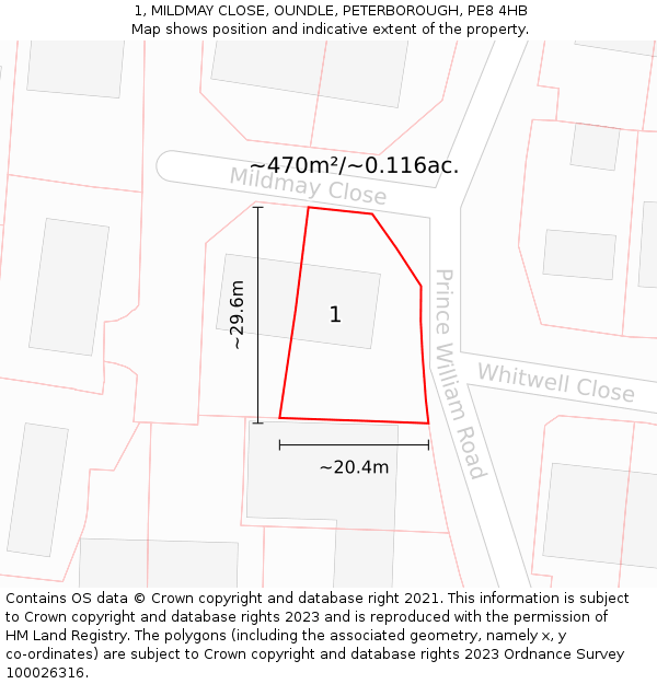 1, MILDMAY CLOSE, OUNDLE, PETERBOROUGH, PE8 4HB: Plot and title map