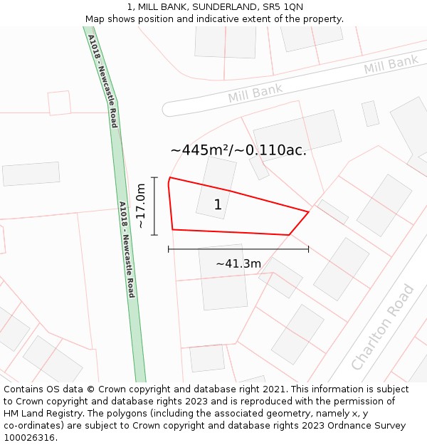 1, MILL BANK, SUNDERLAND, SR5 1QN: Plot and title map