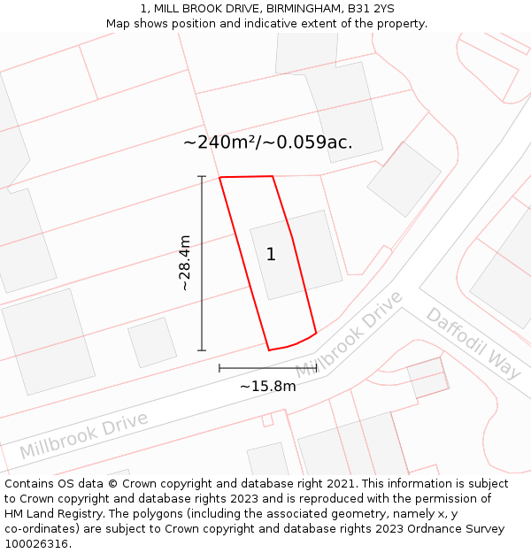 1, MILL BROOK DRIVE, BIRMINGHAM, B31 2YS: Plot and title map