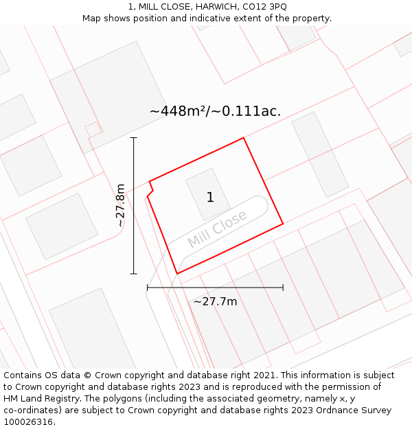 1, MILL CLOSE, HARWICH, CO12 3PQ: Plot and title map
