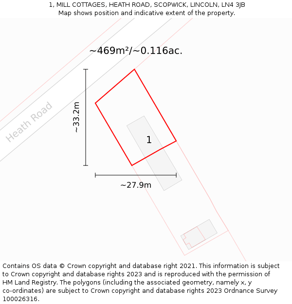 1, MILL COTTAGES, HEATH ROAD, SCOPWICK, LINCOLN, LN4 3JB: Plot and title map