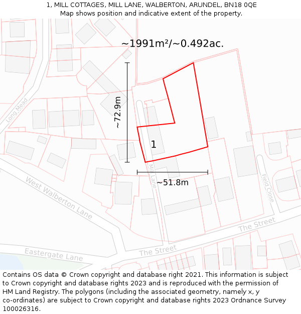 1, MILL COTTAGES, MILL LANE, WALBERTON, ARUNDEL, BN18 0QE: Plot and title map