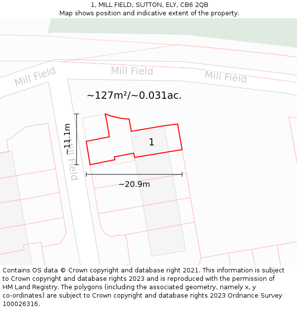 1, MILL FIELD, SUTTON, ELY, CB6 2QB: Plot and title map