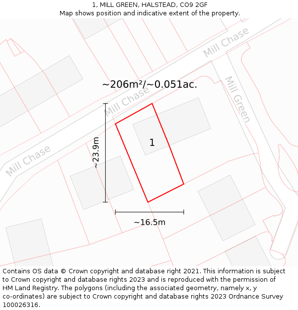 1, MILL GREEN, HALSTEAD, CO9 2GF: Plot and title map