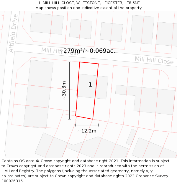1, MILL HILL CLOSE, WHETSTONE, LEICESTER, LE8 6NF: Plot and title map