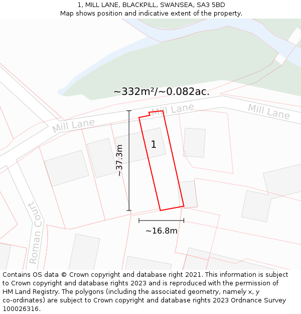 1, MILL LANE, BLACKPILL, SWANSEA, SA3 5BD: Plot and title map