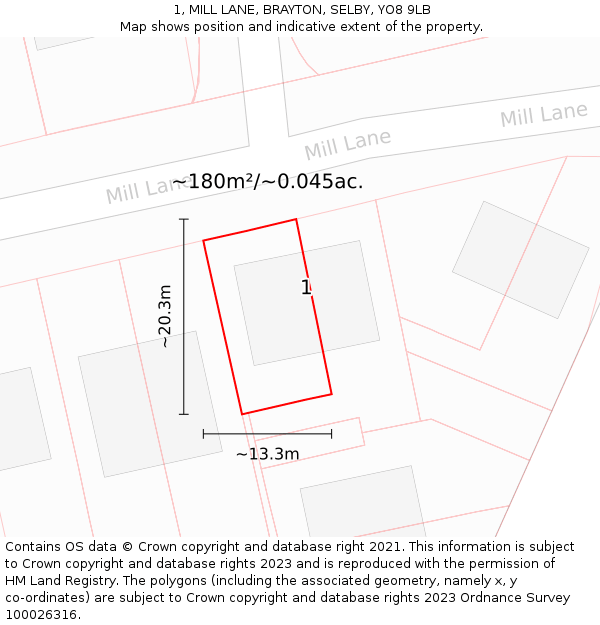 1, MILL LANE, BRAYTON, SELBY, YO8 9LB: Plot and title map