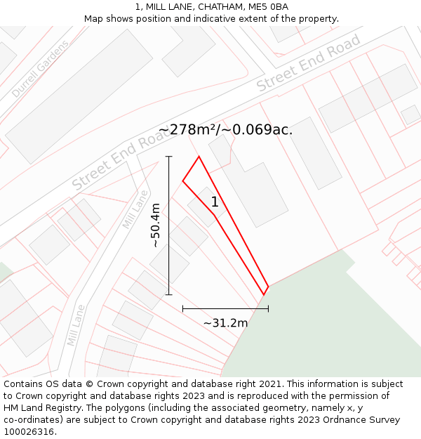 1, MILL LANE, CHATHAM, ME5 0BA: Plot and title map