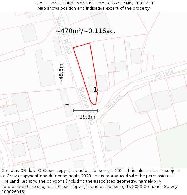 1, MILL LANE, GREAT MASSINGHAM, KING'S LYNN, PE32 2HT: Plot and title map