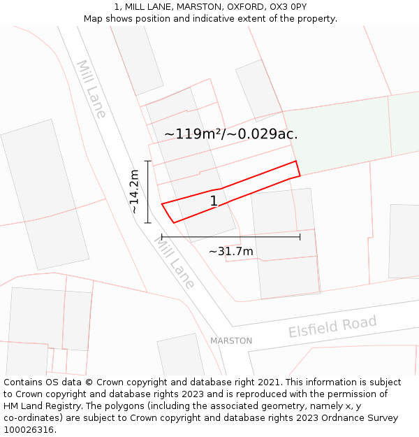1, MILL LANE, MARSTON, OXFORD, OX3 0PY: Plot and title map
