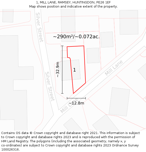 1, MILL LANE, RAMSEY, HUNTINGDON, PE26 1EF: Plot and title map