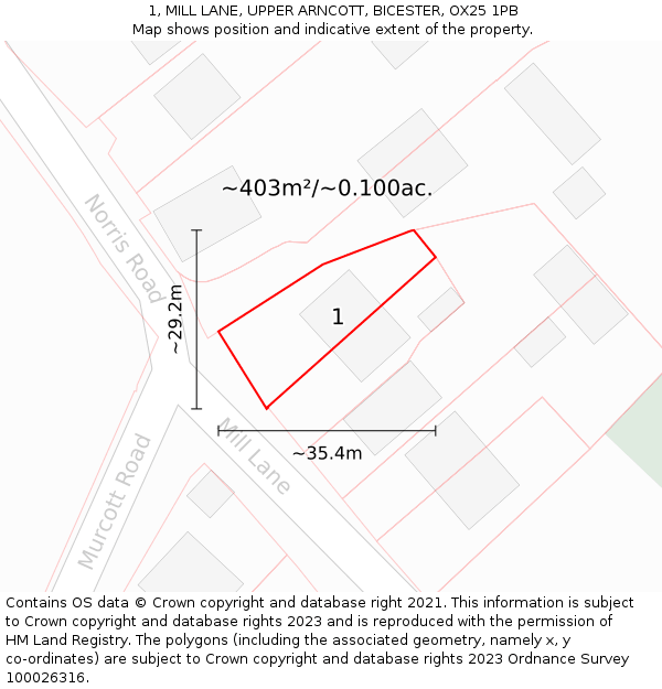 1, MILL LANE, UPPER ARNCOTT, BICESTER, OX25 1PB: Plot and title map