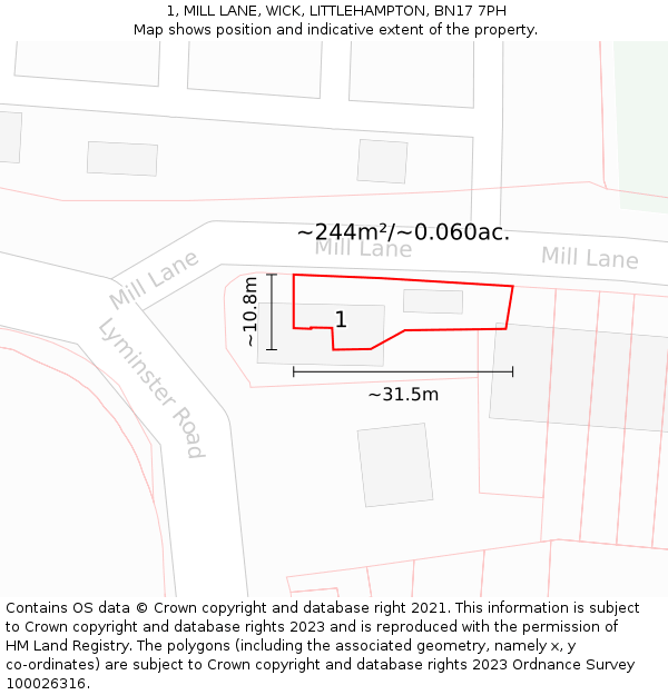 1, MILL LANE, WICK, LITTLEHAMPTON, BN17 7PH: Plot and title map