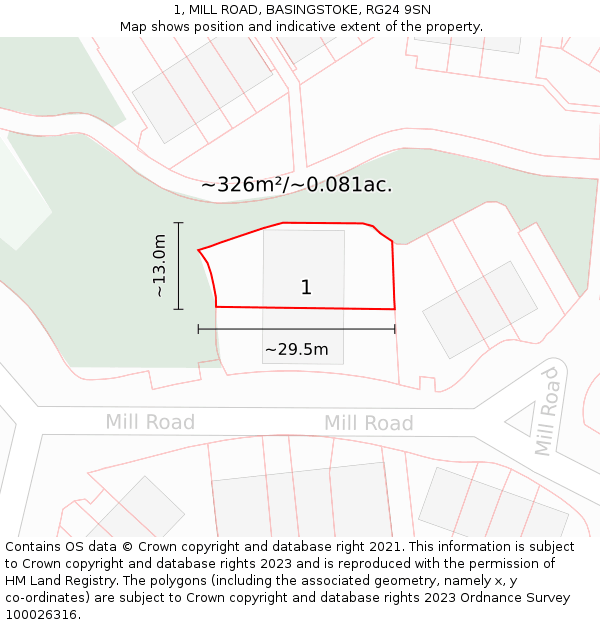1, MILL ROAD, BASINGSTOKE, RG24 9SN: Plot and title map