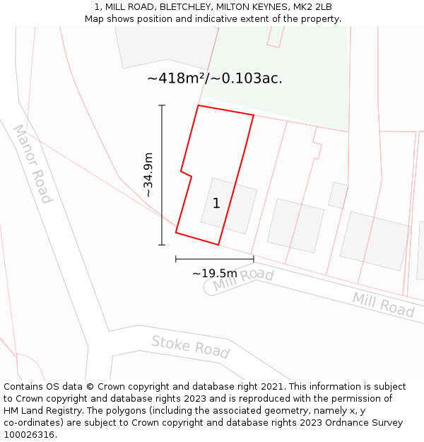 1, MILL ROAD, BLETCHLEY, MILTON KEYNES, MK2 2LB: Plot and title map