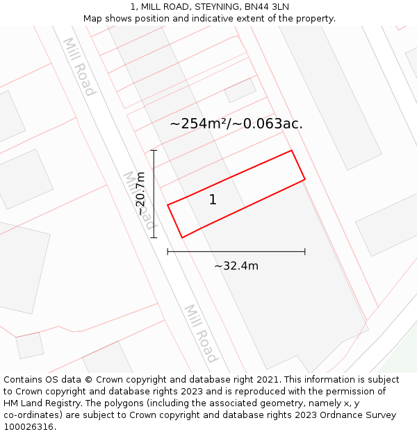 1, MILL ROAD, STEYNING, BN44 3LN: Plot and title map