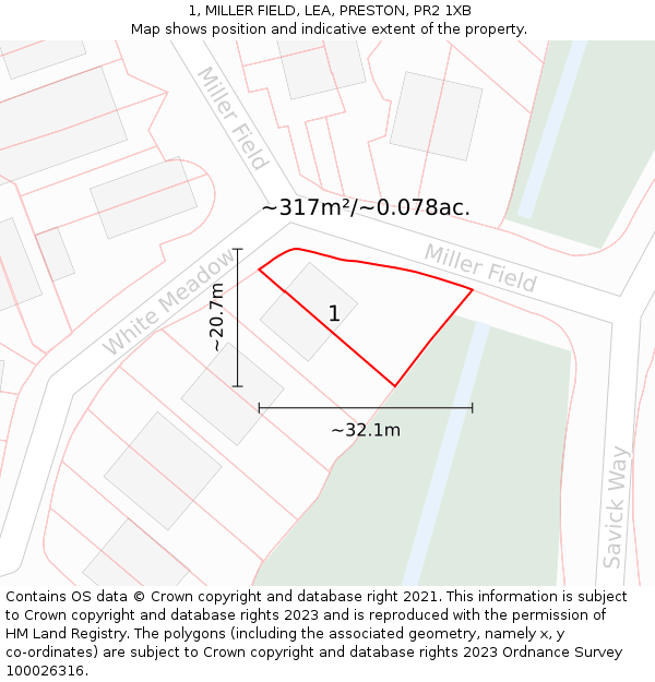 1, MILLER FIELD, LEA, PRESTON, PR2 1XB: Plot and title map