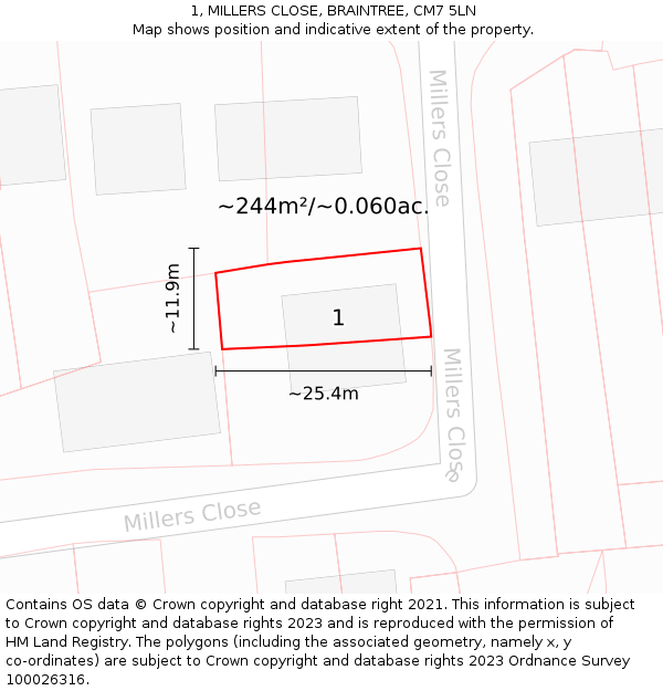 1, MILLERS CLOSE, BRAINTREE, CM7 5LN: Plot and title map