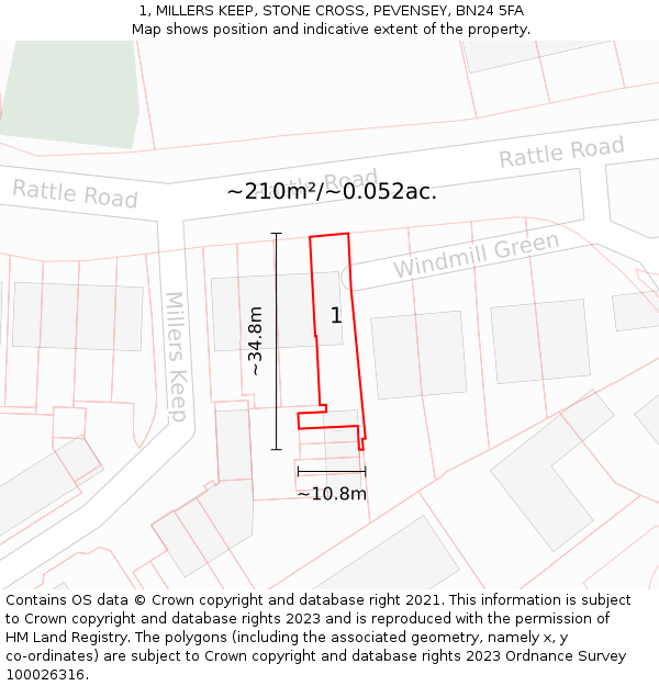 1, MILLERS KEEP, STONE CROSS, PEVENSEY, BN24 5FA: Plot and title map