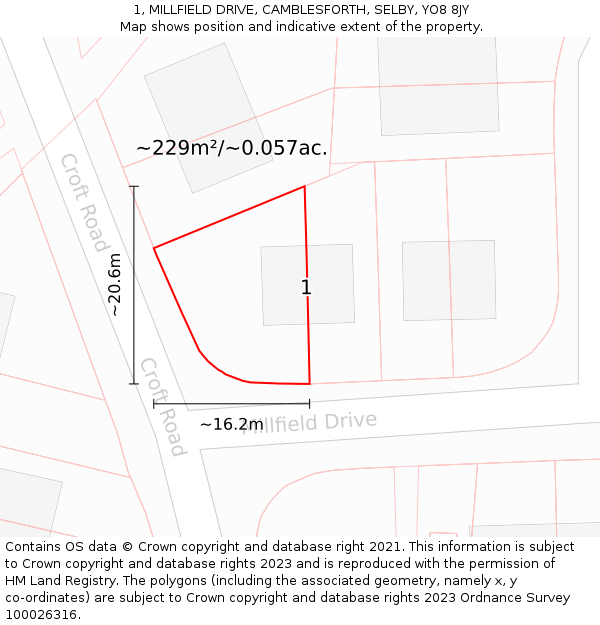1, MILLFIELD DRIVE, CAMBLESFORTH, SELBY, YO8 8JY: Plot and title map