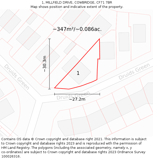 1, MILLFIELD DRIVE, COWBRIDGE, CF71 7BR: Plot and title map