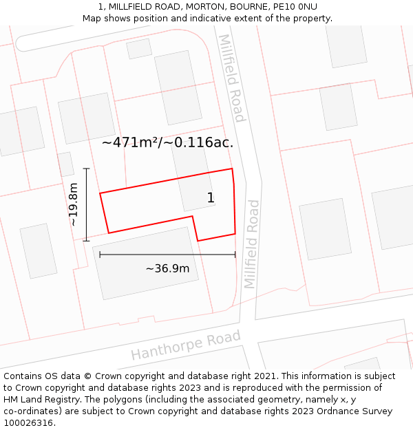 1, MILLFIELD ROAD, MORTON, BOURNE, PE10 0NU: Plot and title map