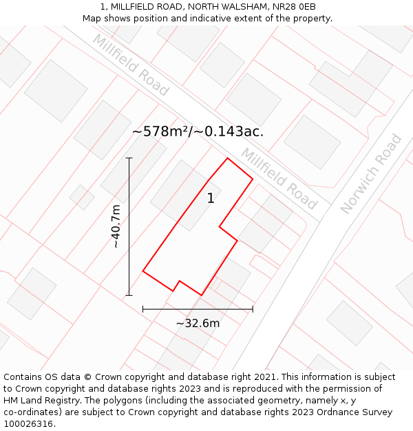 1, MILLFIELD ROAD, NORTH WALSHAM, NR28 0EB: Plot and title map