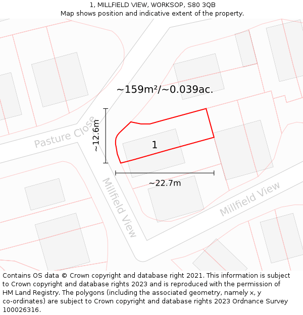 1, MILLFIELD VIEW, WORKSOP, S80 3QB: Plot and title map