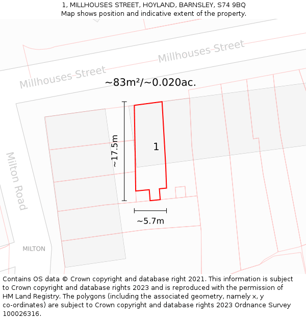 1, MILLHOUSES STREET, HOYLAND, BARNSLEY, S74 9BQ: Plot and title map