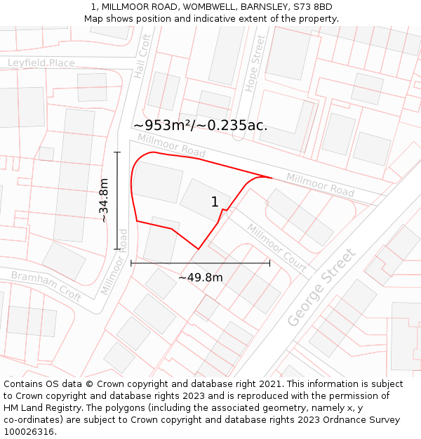1, MILLMOOR ROAD, WOMBWELL, BARNSLEY, S73 8BD: Plot and title map