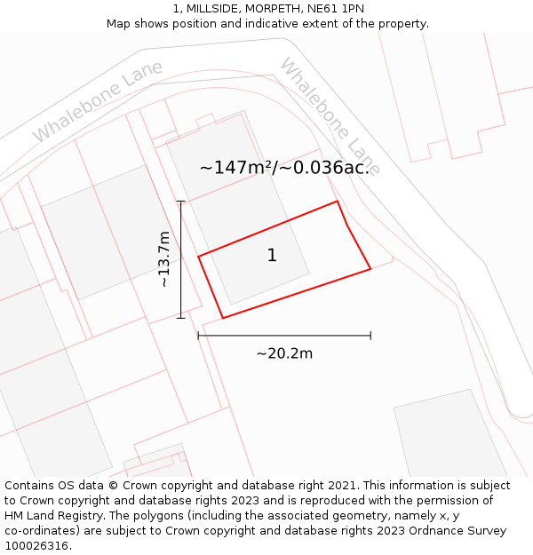 1, MILLSIDE, MORPETH, NE61 1PN: Plot and title map