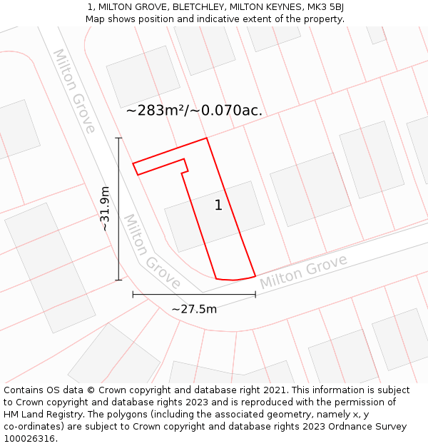 1, MILTON GROVE, BLETCHLEY, MILTON KEYNES, MK3 5BJ: Plot and title map