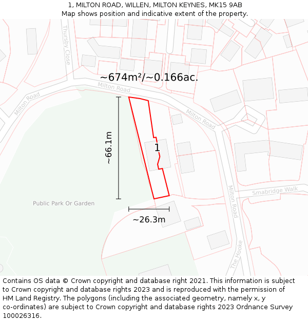 1, MILTON ROAD, WILLEN, MILTON KEYNES, MK15 9AB: Plot and title map