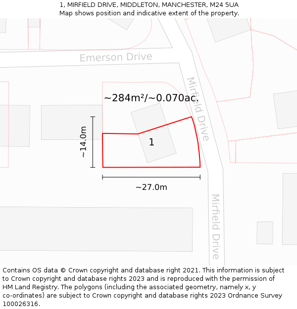 1, MIRFIELD DRIVE, MIDDLETON, MANCHESTER, M24 5UA: Plot and title map