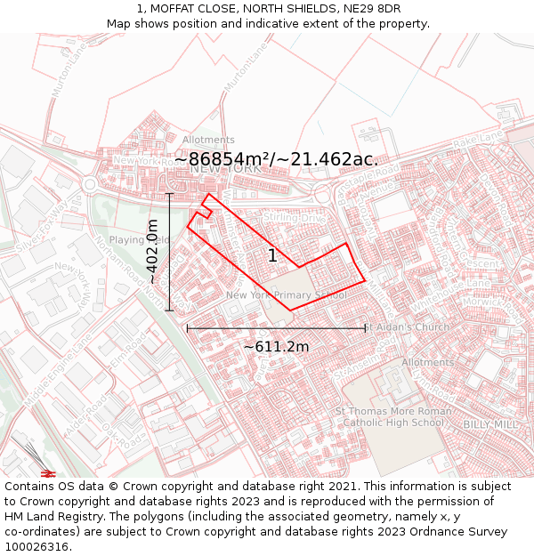 1, MOFFAT CLOSE, NORTH SHIELDS, NE29 8DR: Plot and title map